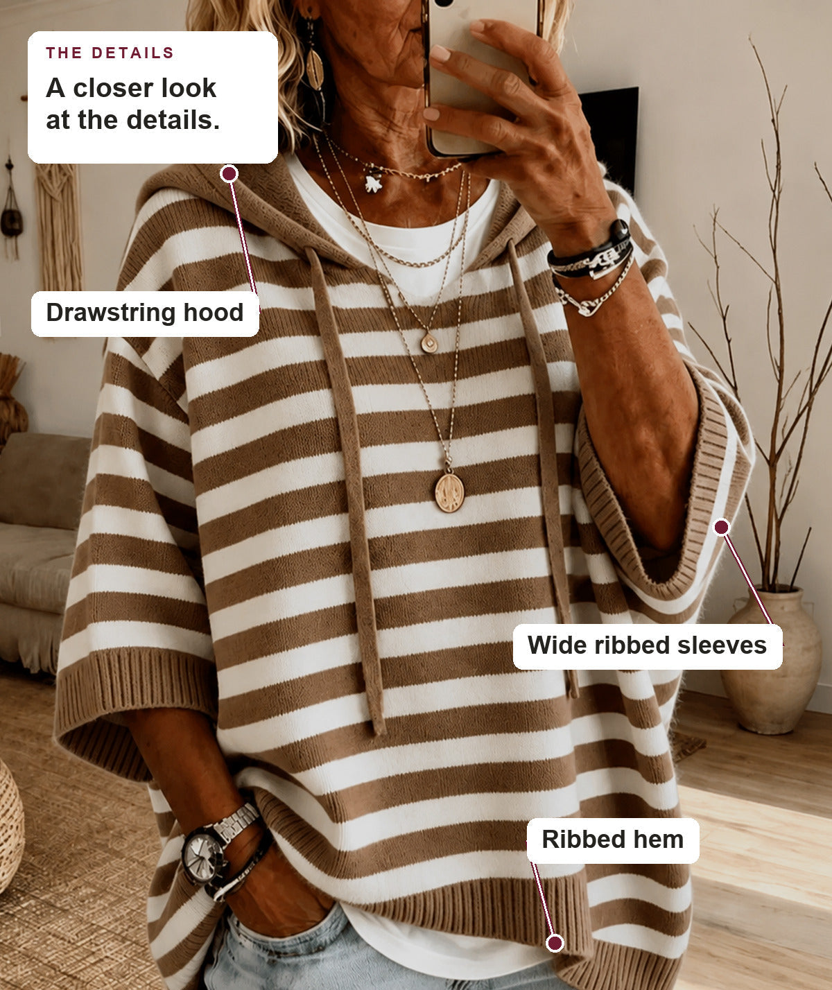 Hazel - Taupe Striped Hooded Poncho Sweater
