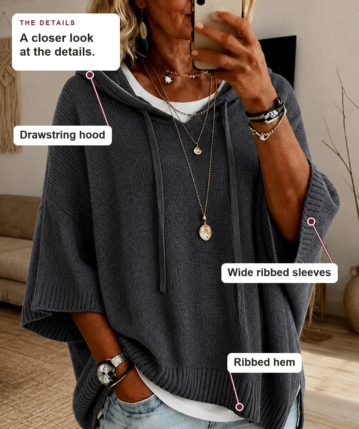 Paola - Charcoal Hooded Poncho Sweater