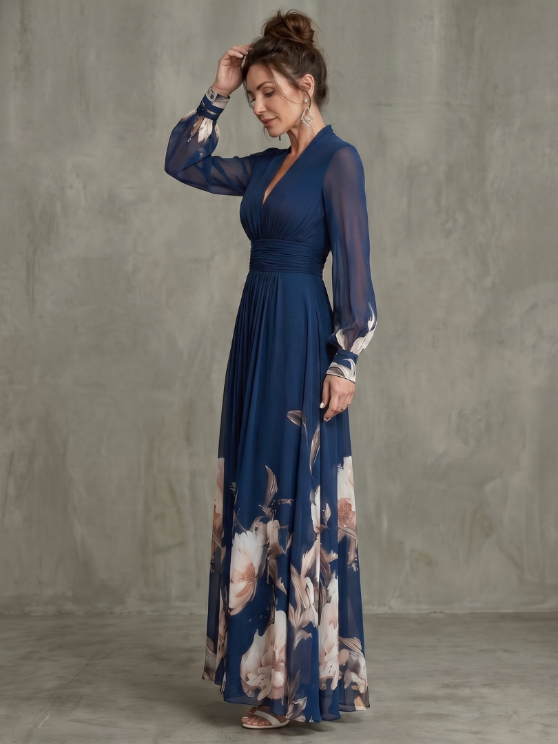 Charli - Floral Hem Maxi Dress with Sheer Sleeves