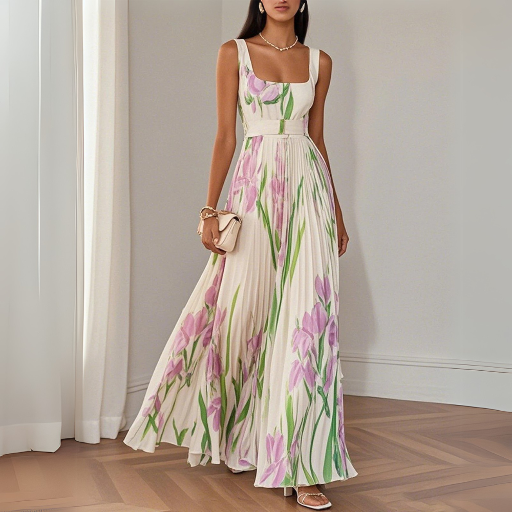 Leslie – Floral Pleated Maxi Dress for Elegant Summer Moments
