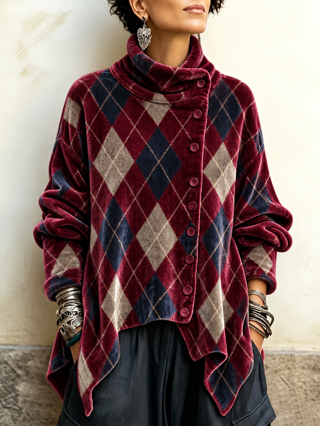 Wren - Burgundy Crushed Tunic with Funnel Neck