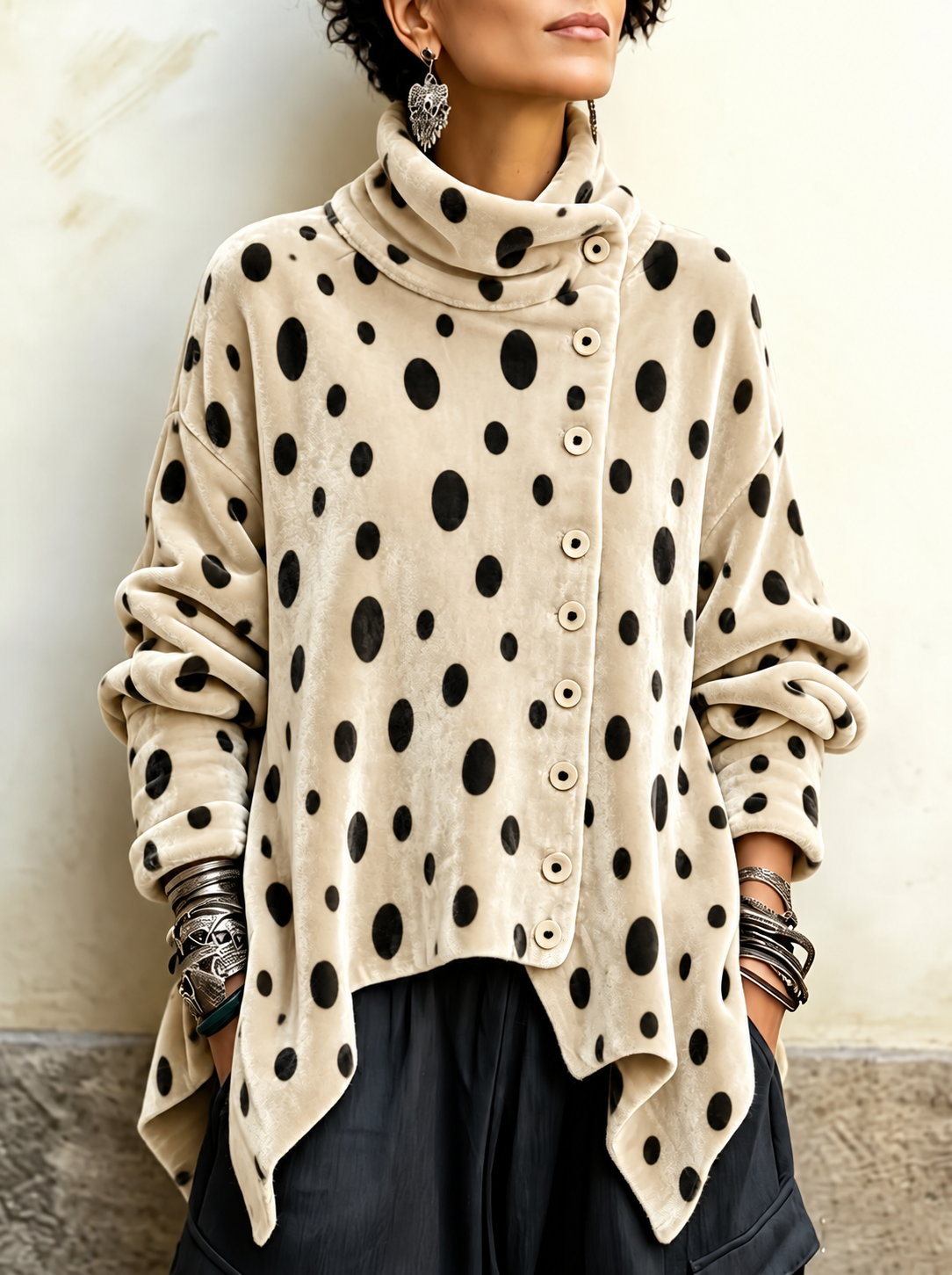 Amina - Women's Polka Dot Velvet Cowl Neck Top