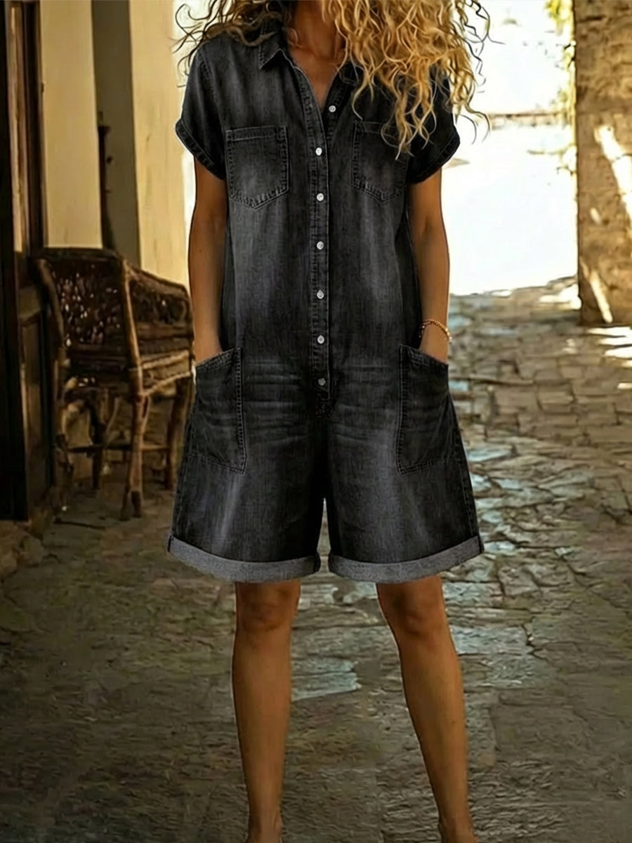 Jenna - Casual Cotton Denim Jumpsuit Shorts