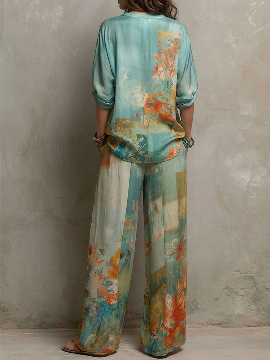 Penelope - Elegant Floral Set with Wide Trousers