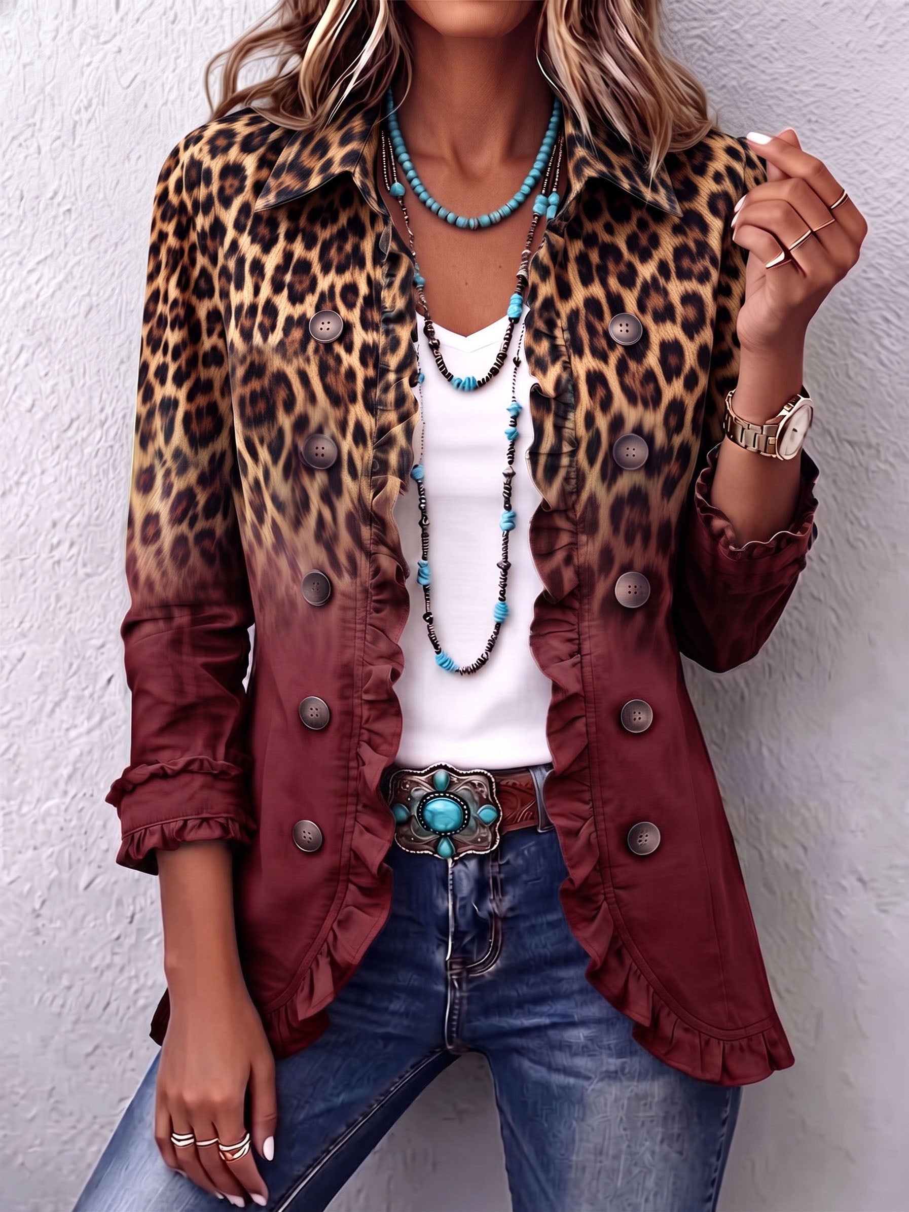 Brianna – Gradient Leopard Print Frill Blazer
