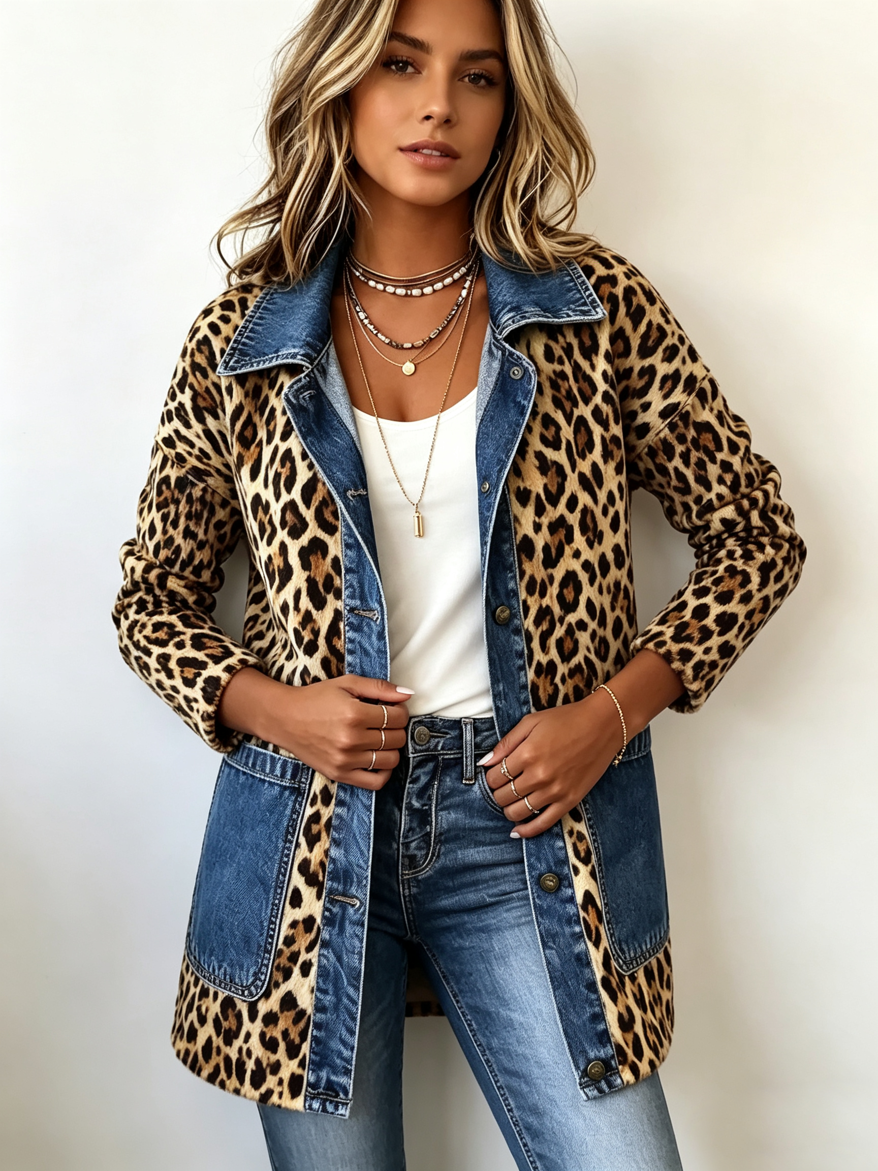 Liana – Long Leopard Print Denim Jacket