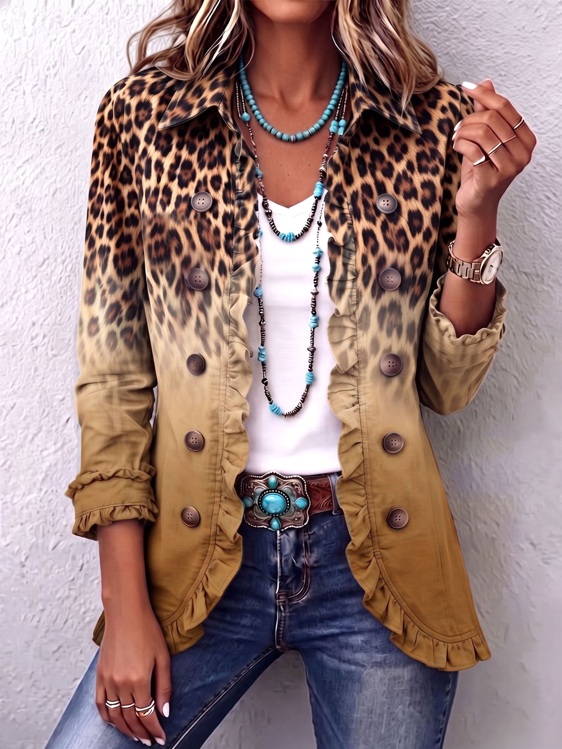 Gloria – Ochre Leopard Print Frill Blazer
