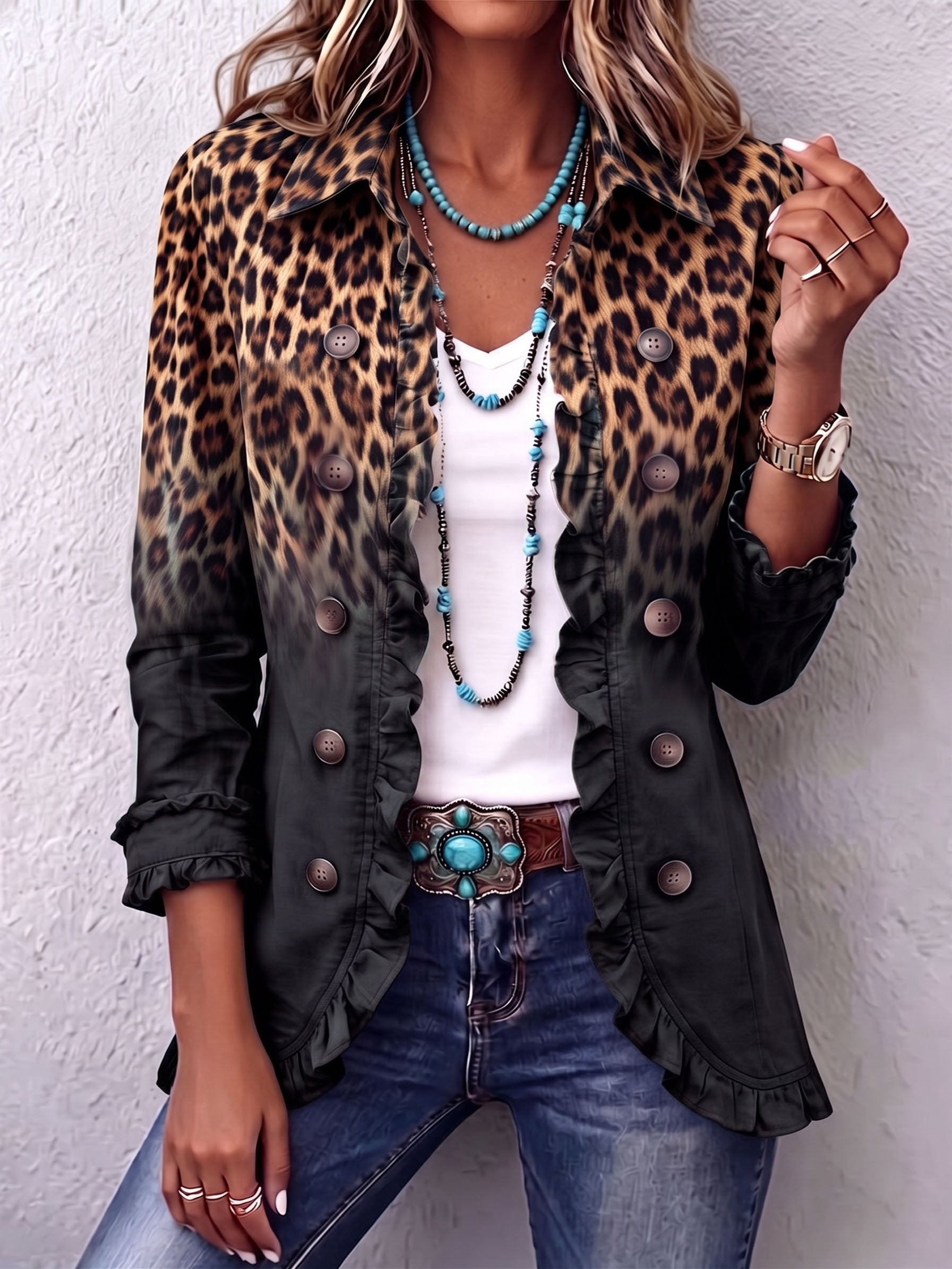 Heather – Black Leopard Print Frill Blazer