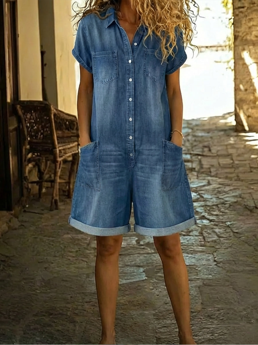 Jenna - Casual Cotton Denim Jumpsuit Shorts