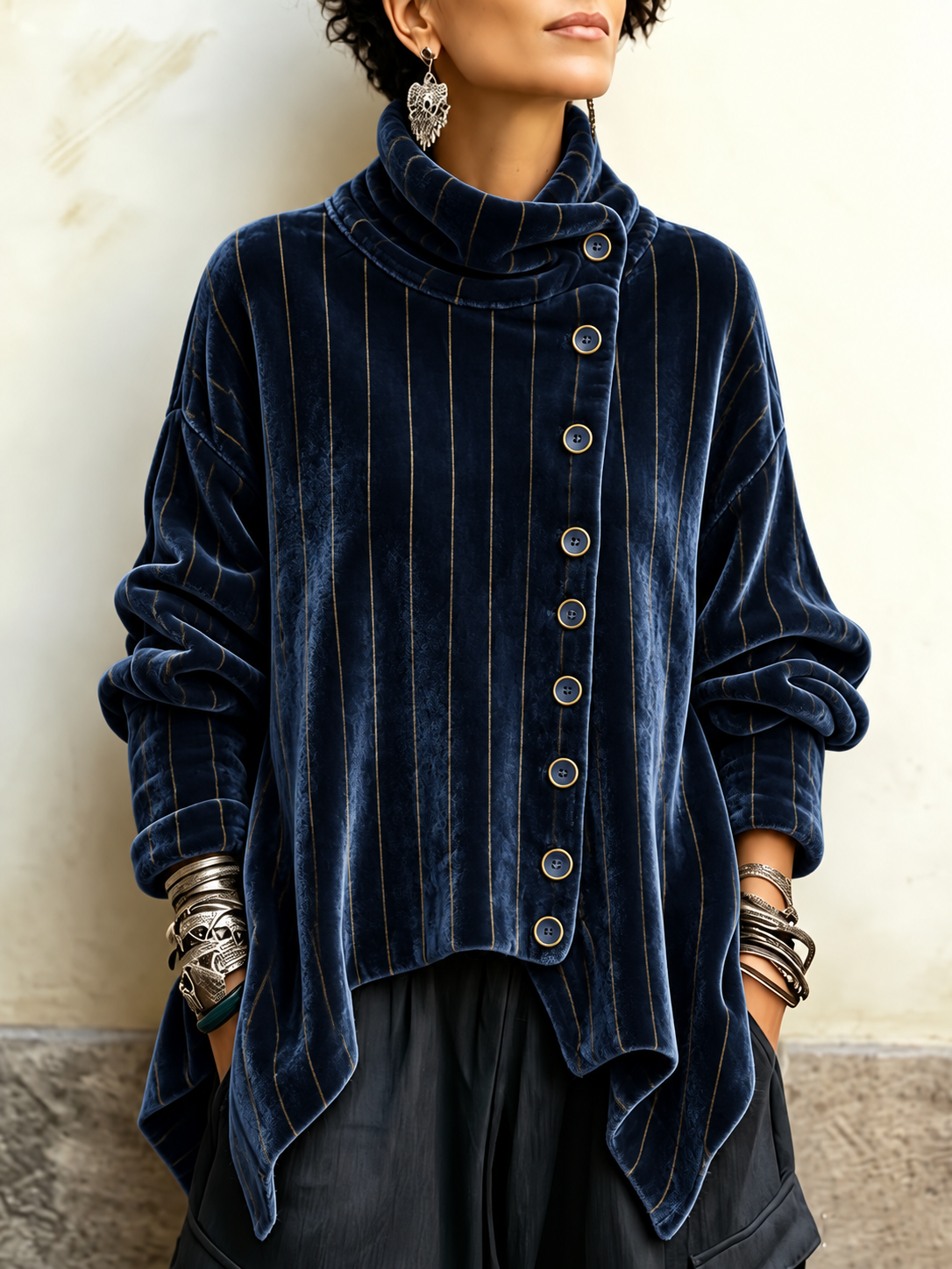 Collins - Navy Striped Tunic with Funnel Neck