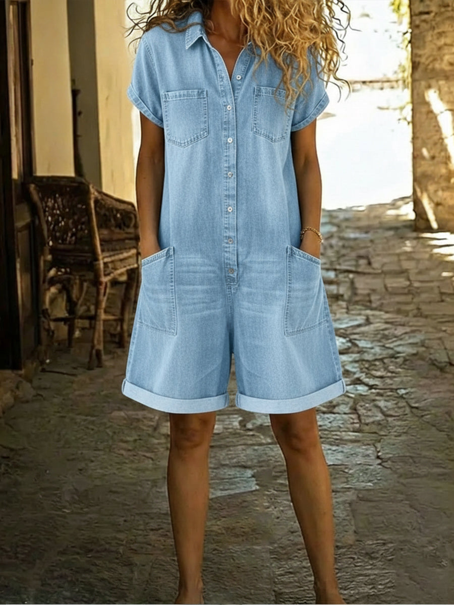 Jenna - Casual Cotton Denim Jumpsuit Shorts