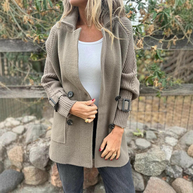 Stella - Knit Sleeve Double-Breasted Coat