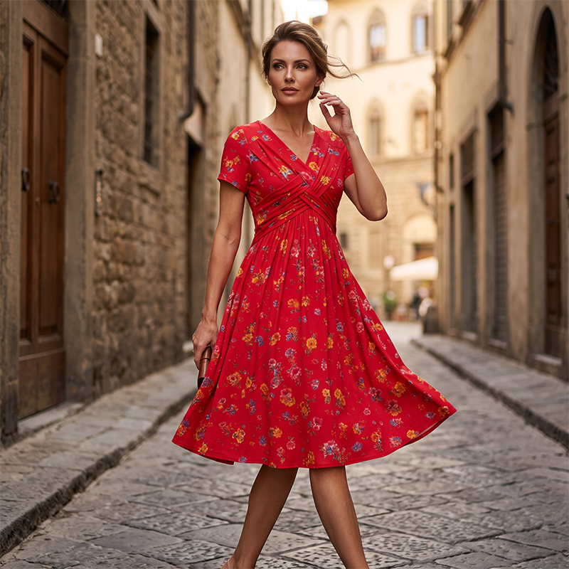 Elvie - Floral V-Neck Twist-Waist Dress