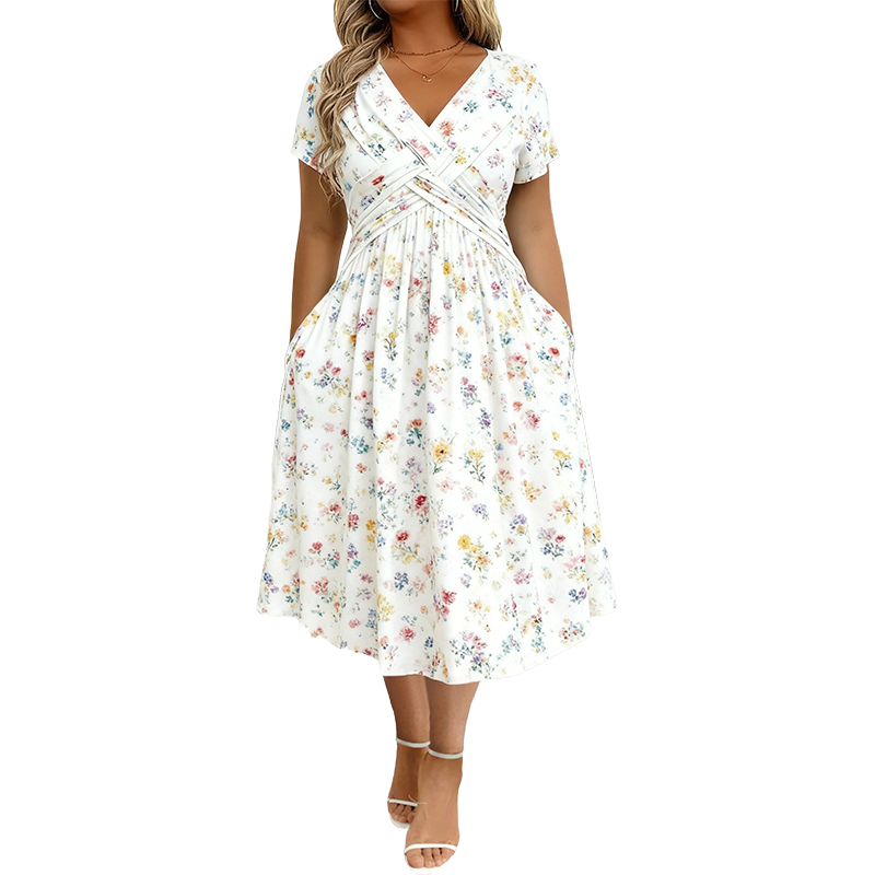 Elvie - Floral V-Neck Twist-Waist Dress
