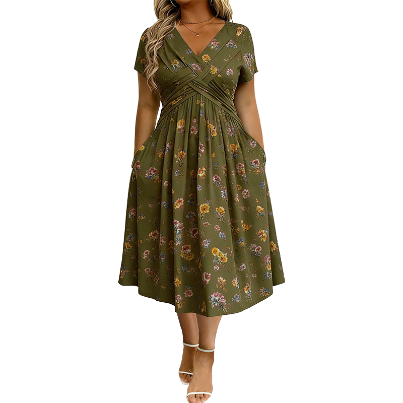 Elvie - Floral V-Neck Twist-Waist Dress
