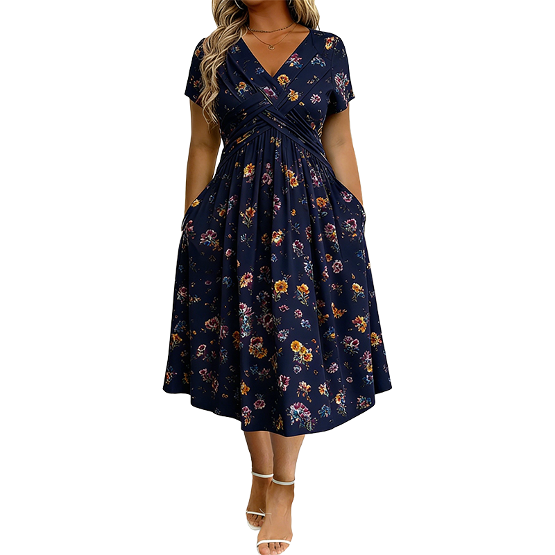Elvie - Floral V-Neck Twist-Waist Dress