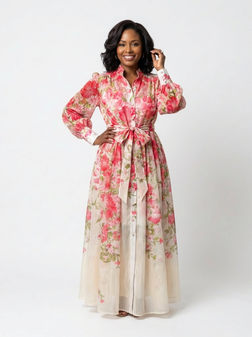 Cessy - Floral Sheer Long Sleeve Maxi Dress
