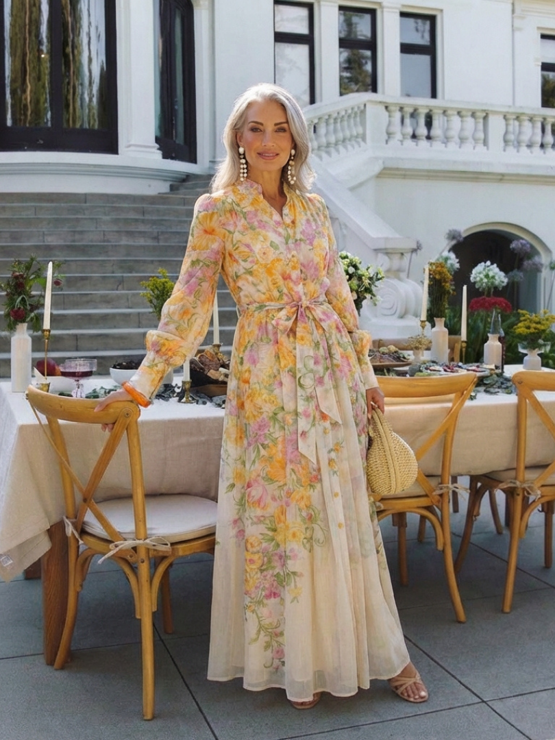 Cessy - Floral Sheer Long Sleeve Maxi Dress