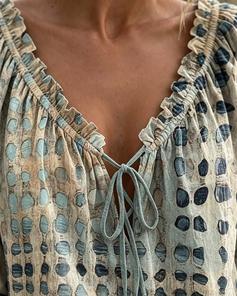 Angelique - Vintage Printed V-Neck Blouse